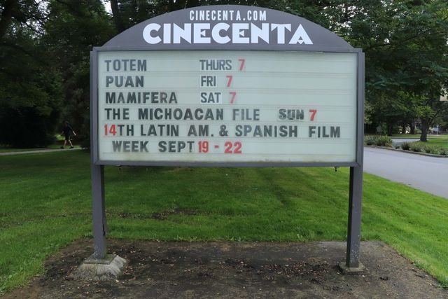 The Cinecenta marquee listing Totem, Puán, Mamífera and The Michoacán File